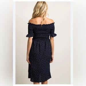 Vine & Love Navy Off Shoulder Romantic Dress with White Polka Dots! SzL